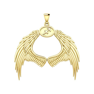 Guardian Angel Wings Solid Gold Pendant with Sagittarius Zodiac Sign GPD5523 - Jewelry